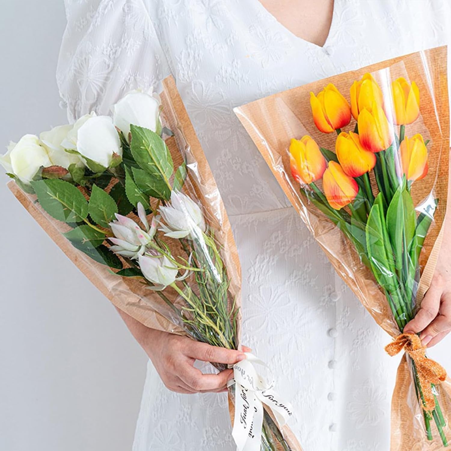 Flower Sleeves for Bouquets,Flower Bouquet Wrapping Paper,Flower Bouquet Packaging Bags Bulk,Floral Arrangement Supplies for Wedding Bridal Birthday Graduation Gift Wrapping,50 Pcs,Brown