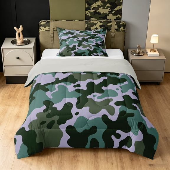 Manfei Retro Camouflage Twin Comforter Sets, Mid Century Camo Bedding Set, Gray Green, Gray Reversible, 2 Pieces, 1 Comforter and 1 Pillowcase