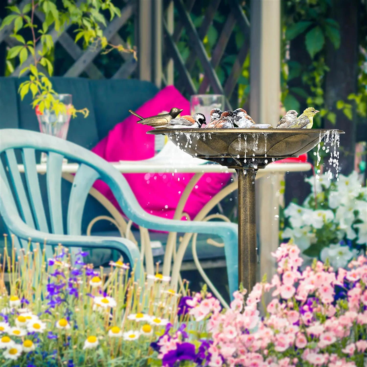 resenkos 28" Tall Outdoor Flower Birdbath with Bird Statues, Charming Garden Accent to Attract Birds, Durable Polypropylene Construction for Patio, Deck, or Yard, Brown