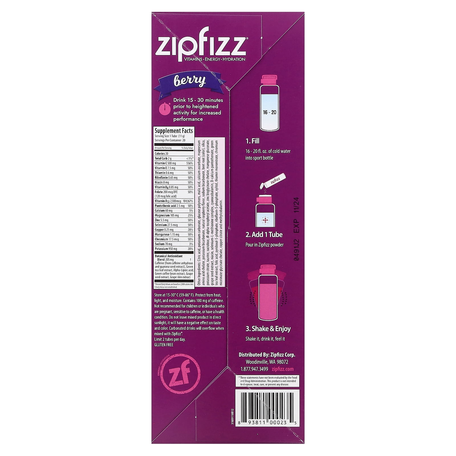 Zipfizz Sugar-Free Energy Drink Mix, Berry Flavor, 20 Tubes