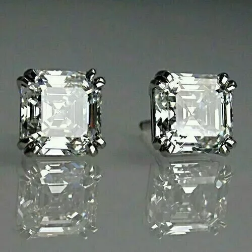 6.00CT Asscher Cut Simulated Diamond Stud Earrings, White Gold Plated Sterling Silver for Women