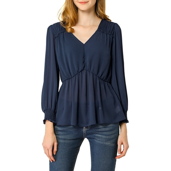 Allegra K Women's Ruffled Long Puff Sleeves Blouses V Neck Solid Color Semi Sheer Tops