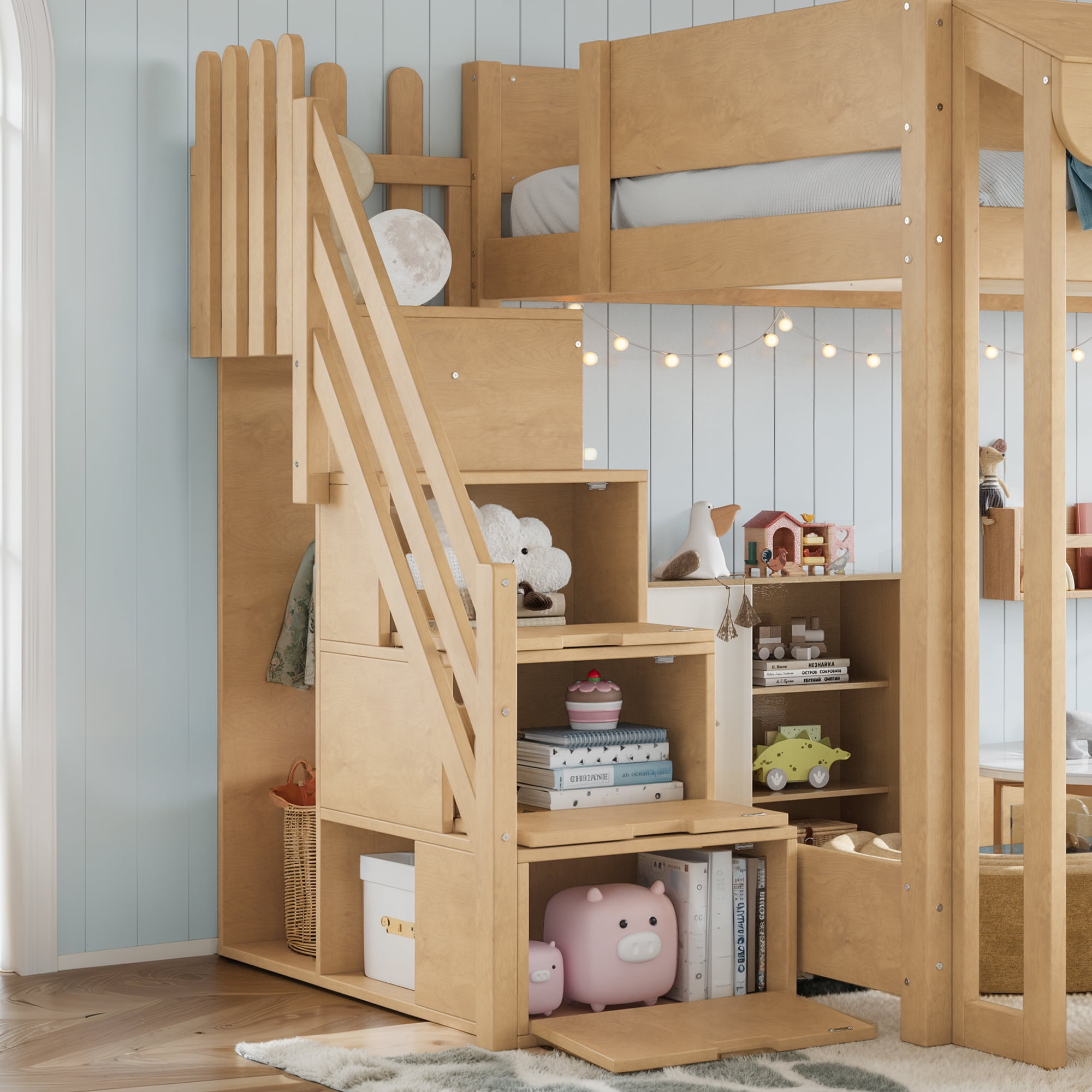 Leumius Full over Full Size Playhouse Loft Bed with Storage Stairs, Solid Wood Loft Bed with Pretend Convenience Store Counter, Convertible Underbed Space for Sleep or Play Natural