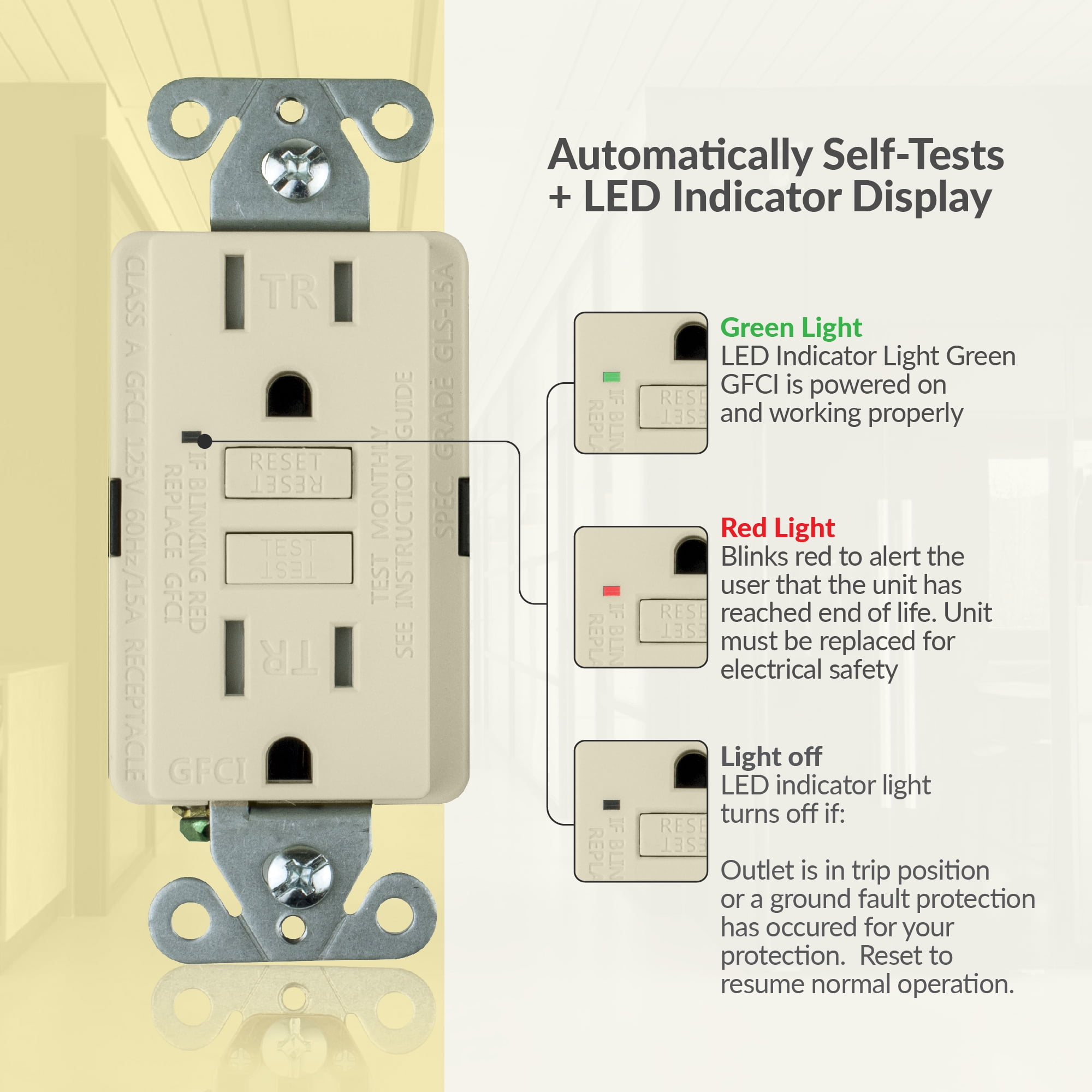 Faith 15A GFCI Outlets, Slim, Tamper-Resistant GFI Receptacles with Wall Plate, Lt Almond, 10-Pk