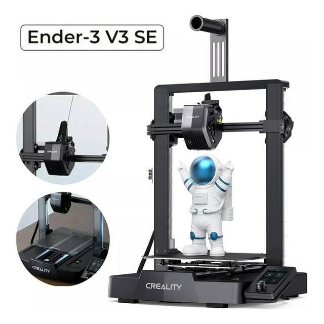 impresora 3d creality ender-3 v3 se con extrusora directa sprite, doble eje z, impresión rápida de 250 mm/s vista frontal de la impresora 3D negra con bastidor de doble eje Z/Y, extrusora directa Sprite en el carro, cama de resorte PC y pantalla color de 3,2" con perilla; muestra un modelo de astronauta impreso. Compatible con PLA, PETG y TPU (95A); suele usarse también para prototipos y piezas de taller ligero.