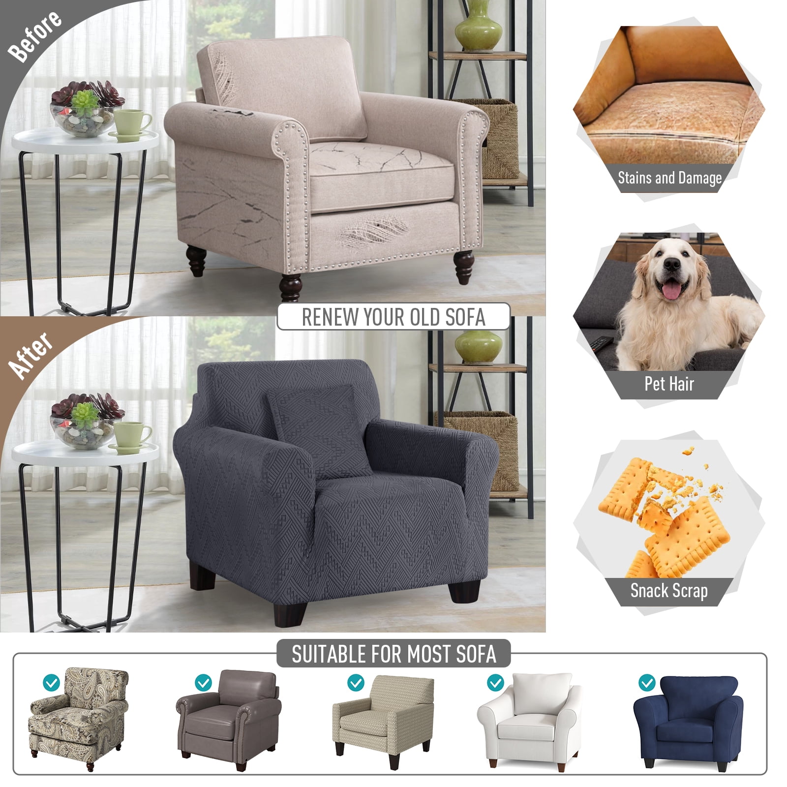Timeles 1 Piece Stretch Sofa Slipcover Non Slip Armchair Cover Soft Jacquard Couch Cover Washable Furniture Protector with 1 Throw Pillow Cover (1 Seater, Dark Gray)