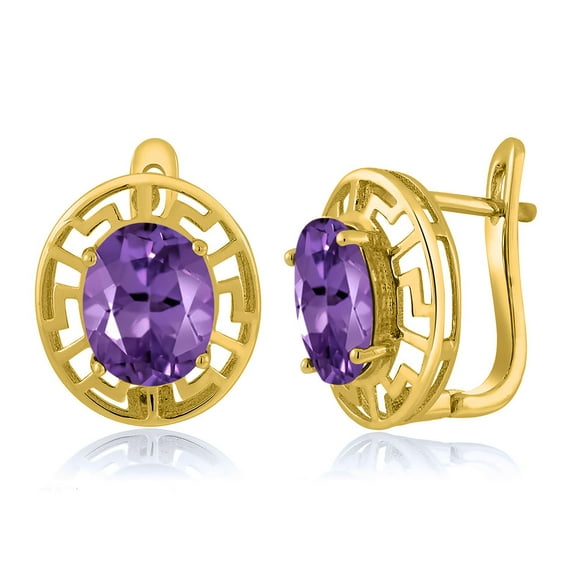 Gem Stone King 18K Yellow Gold Plated Silver Purple Amethyst Greek Key Earrings for Women (4.60 Cttw, Gemstone February Birthstone, Oval 10X8MM)