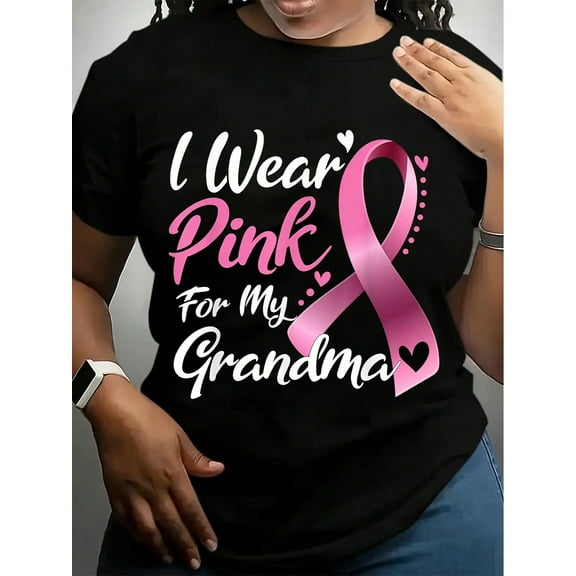 I Wear Pink For My Grandma Breast Cancer Awareness T-Shirt Black Casual Short Sleeve Men's Sport T-Shirt 220g