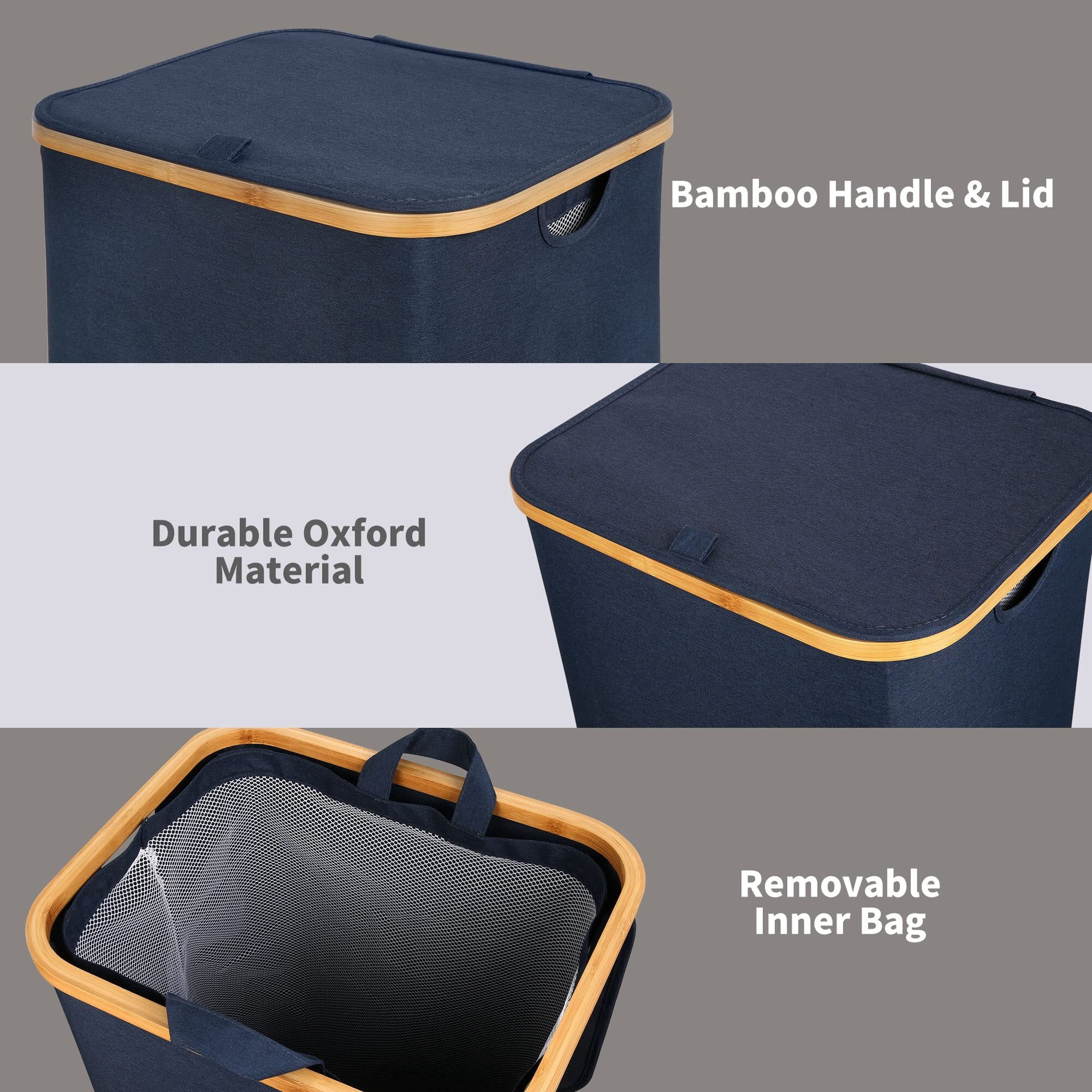 Efluky Laundry Basket with Lid and Removable Bag, 100L Tall Laundry Hamper with Bamboo Handles, Aesthetic Dirty Clothes Bin for Laundry Room, Bathroom, Bedroom and Dorm, Blue
