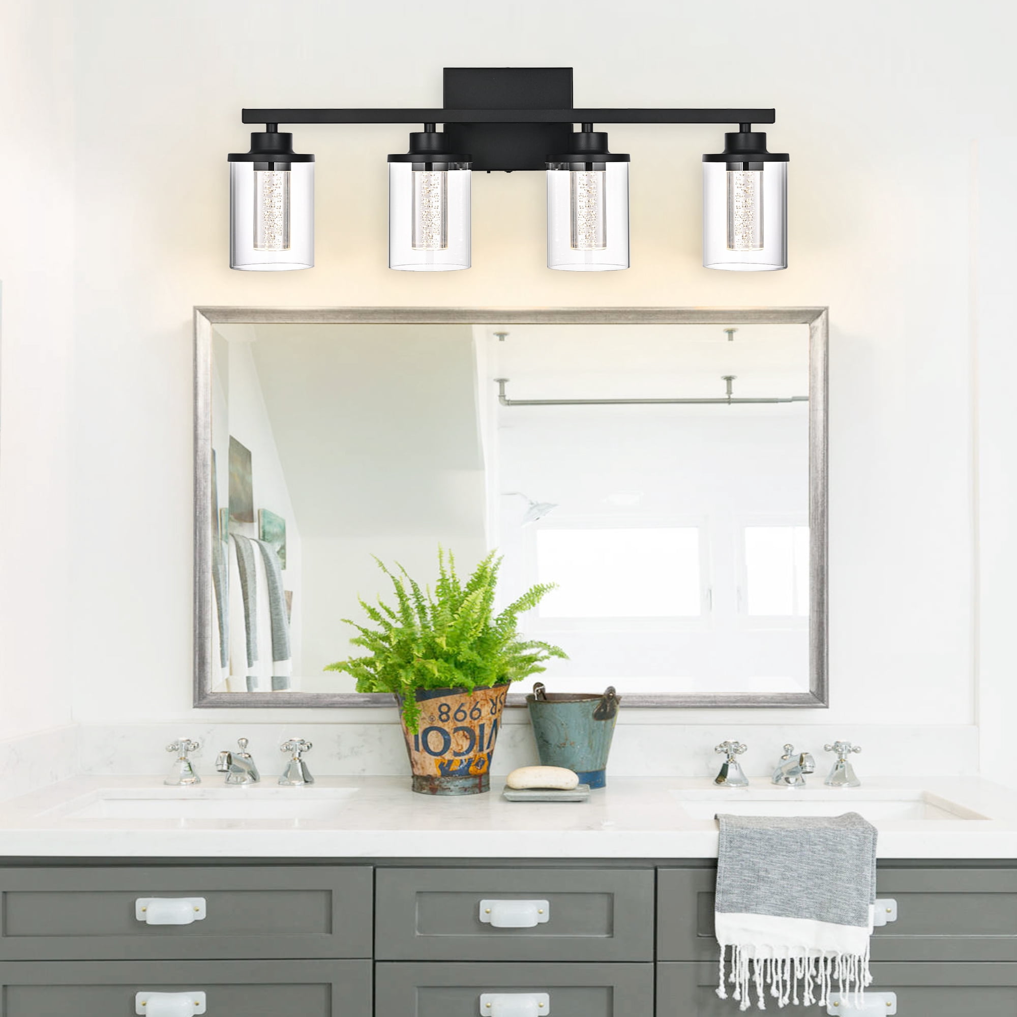 Melucee 5CCT Dimmable LED Black Vanity Lights 4-light, Modern Vanity Lighting Fixtures with Crystal Light Columns and Clear Glass for Bathroom Bedroom