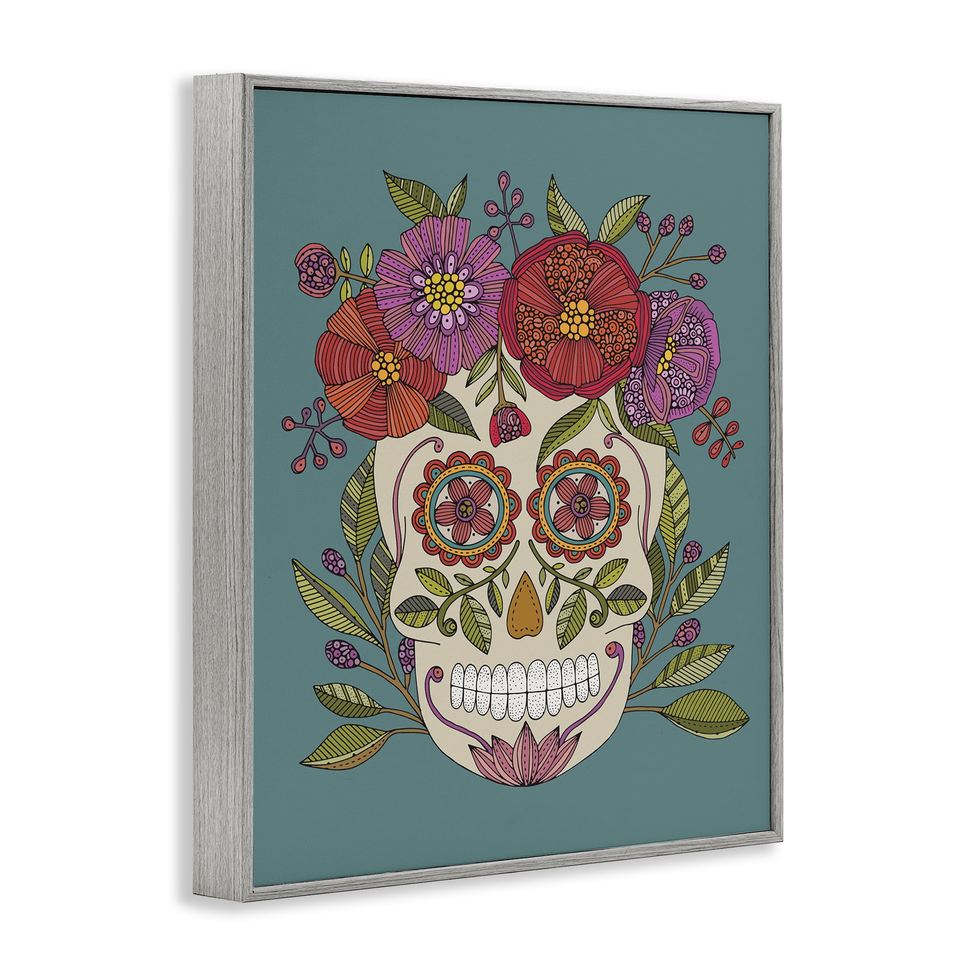 Stupell Industries Floral Sugar Skull Holiday Painting Gray Framed Art Print Wall Art, 11 x 14