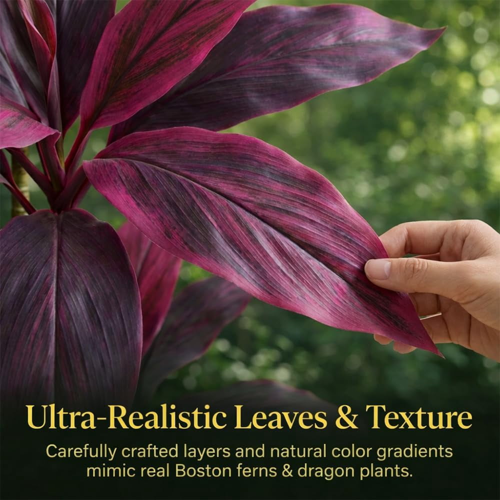 Large Realistic Artificial Boston Fern & Dragon's Blood Tree Artificial Turf UV Resistant Red Cordyline Ti Plants Red/Pink Vibrant Purple Leaves Faux Fake Ferns Shrubs Outdoor Garden Decor