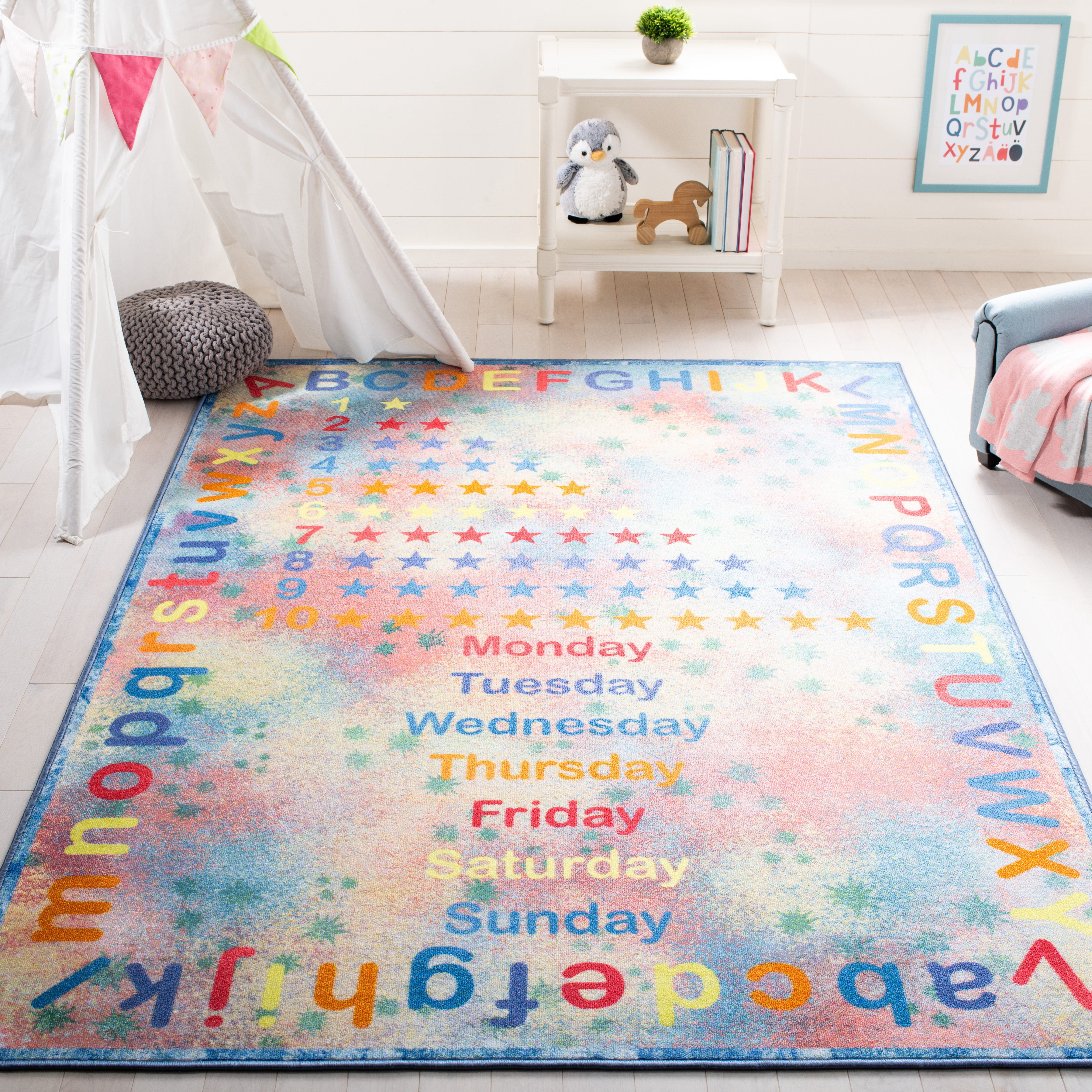 SAFAVIEH Kids Playhouse Alphabet Numbers Shapes Machine Washable Area Rug, Blue/Orange, 6'7" x 9'