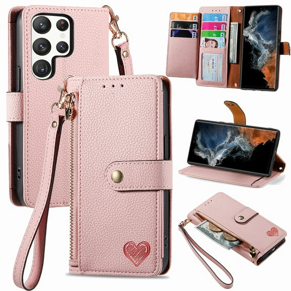 Jiahe Cover for Samsung Galaxy S20+, Full Body Protection Case,with RFID Blocking Card Holder Stand Zipper Wallet Case,Detachable Wristband Strap Case Cover, pink