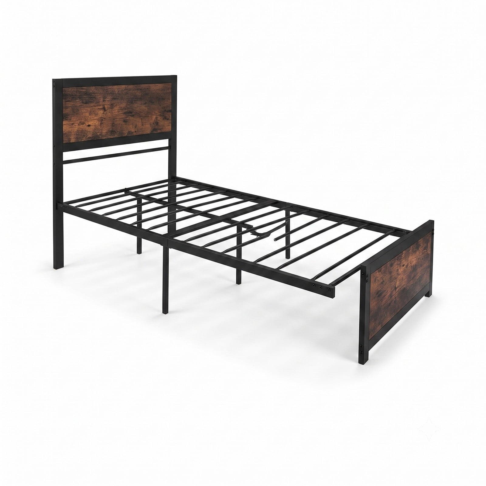 Furnibear Twin Bed Frame with High Wood Headboard, Heavy Duty Metal Platform Bed Frame with Mute Bars for Bedroom, Rustic Brown and Black