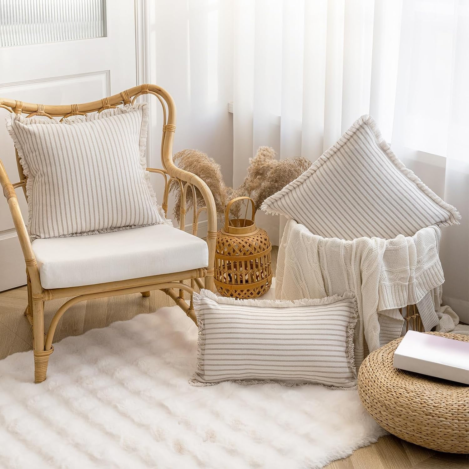 Lanola Throw Pillow Covers 22x22 Set of 2 Striped Fringe Pillow Cover Farmhouse Cushion Covers with Tassel Neutral Boho Pillows Decorative Square Pillowcase for Couch Sofa Bed, Red