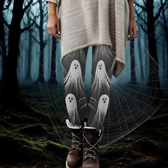 Fartey Plus Size Halloween Leggings for Women Funny Ghost Printed Jogger High Waisted Stretchy Workout Yoga Pants Gray L