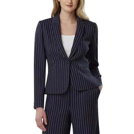 Tahari Asl Petite Pinstriped One Button Blazer Navy White 0P