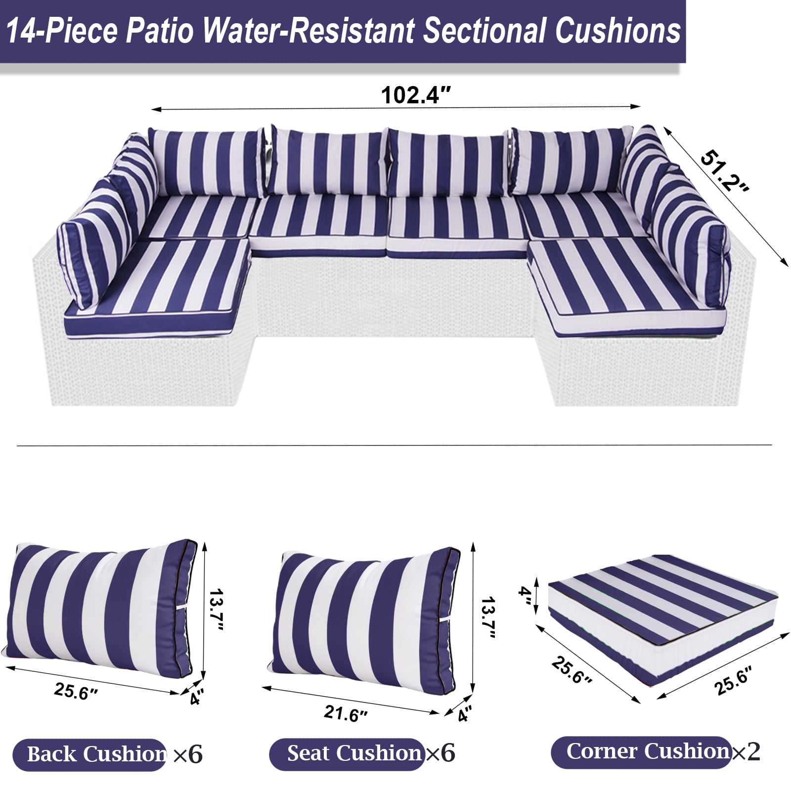 Outdoor Replacement Cushions for Patio Furniture,14-Piece Patio Water-Resistant Replacement Sofa Cushions Fits 6-seat Sectional Rattan Conversation Set,Liner&Cover