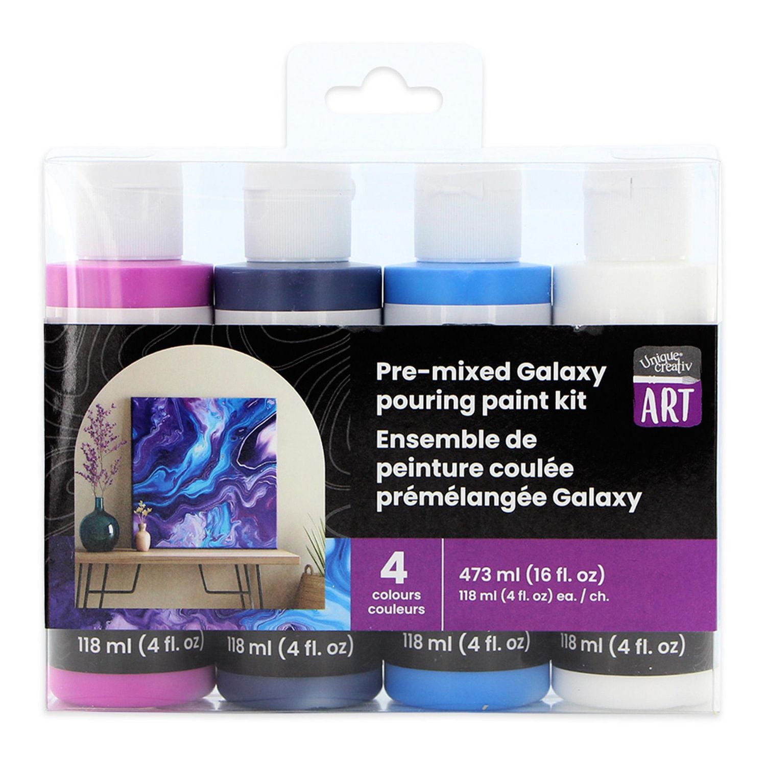 UNIQUE CREATIV ART Galaxy Pouring Paint Kit, Pre‑Mixed, 4 × 118 mL