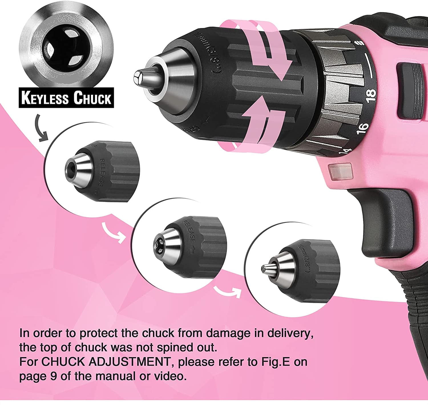 WORKPRO 20V Pink Cordless Drill Driver Set, 3/8” Keyless Chuck, 2.0 Ah Li-Ion Battery, 1 Hour Fast Charger and 11-inch Storage Bag Included
