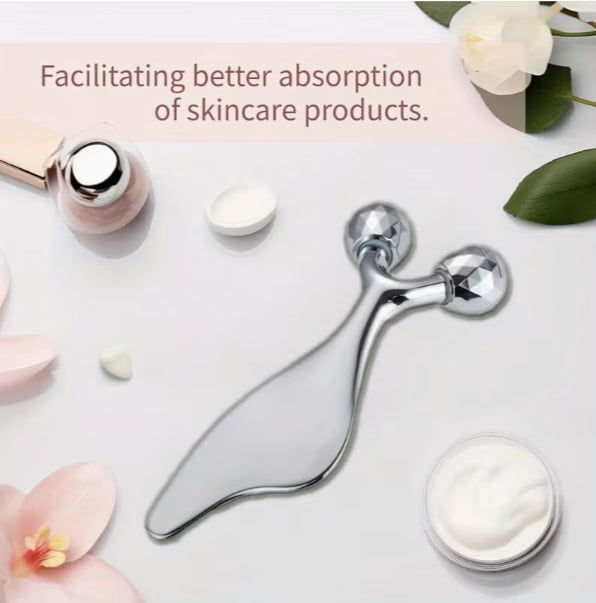 Dual-Purpose Gua Sha Massage Tool & 3D Facial Roller for V-Shaped Face - Metal Scraper for Skin Lifting and Facial Massage