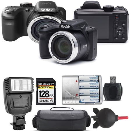 Kodak PIXPRO AZ401 Digital Camera (Black) + Extra Battery + Flash - 128GB Kit