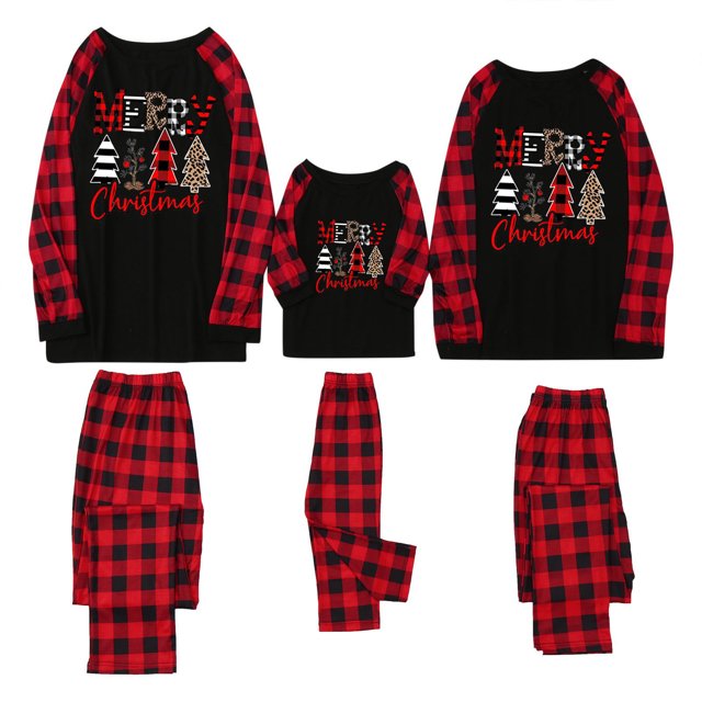 Pijama con estampado navideño, conjunto padre-hijo, camiseta de manga larga, pantalón a cuadros, ropa de casa de dos piezasTalla XL para mujer14 modelos