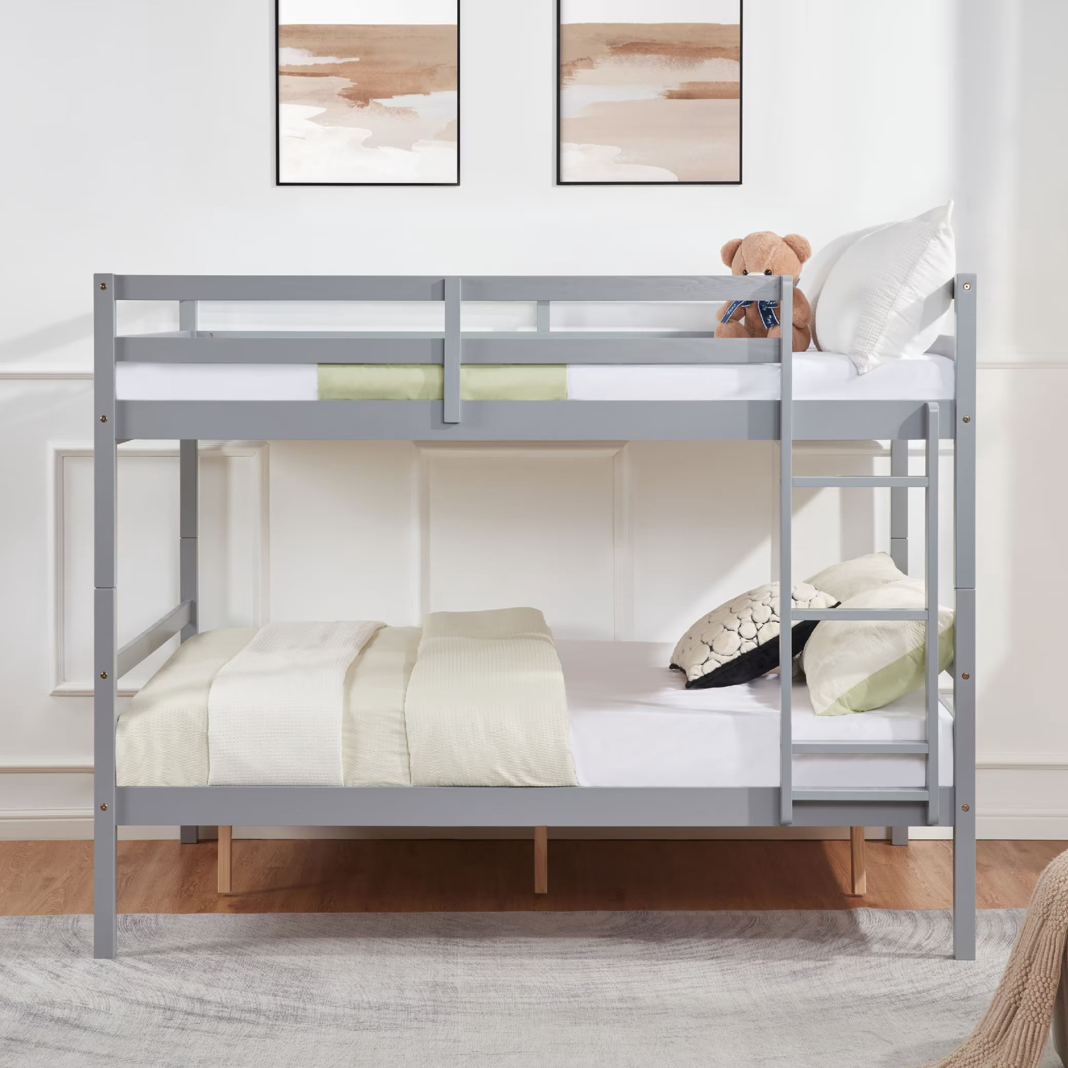 Full Over Full Bunk Bed, Solid Wood Bunk Bed Frame with High Guardrails and Ladder, Heavy Duty Wooden Slats, No Box Spring Needed for Kids, Teens, Guest Room, Grey