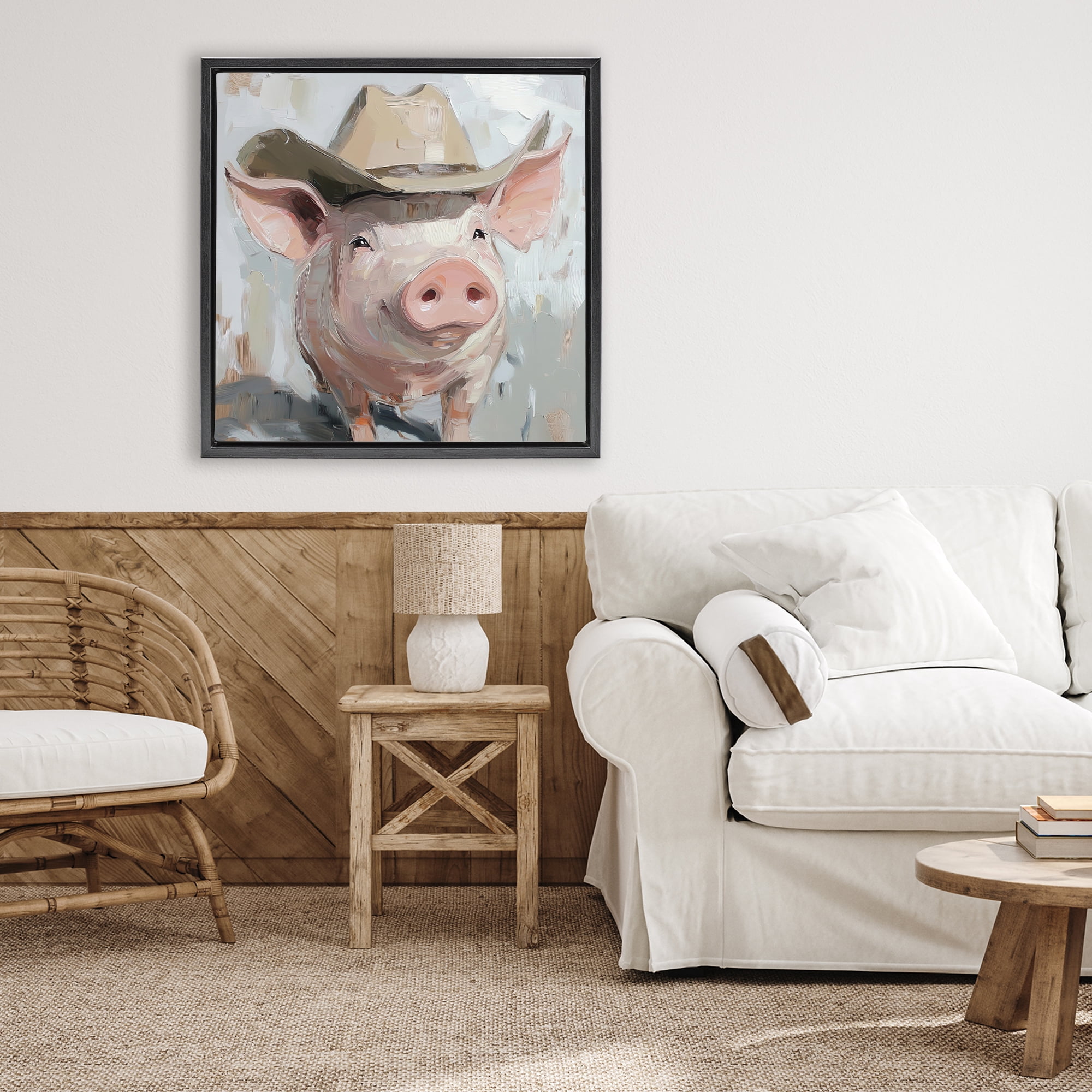 Stupell Industries Cowboy Chester Pig Black Framed Floater Canvas Wall Art, design by Tina LeCour