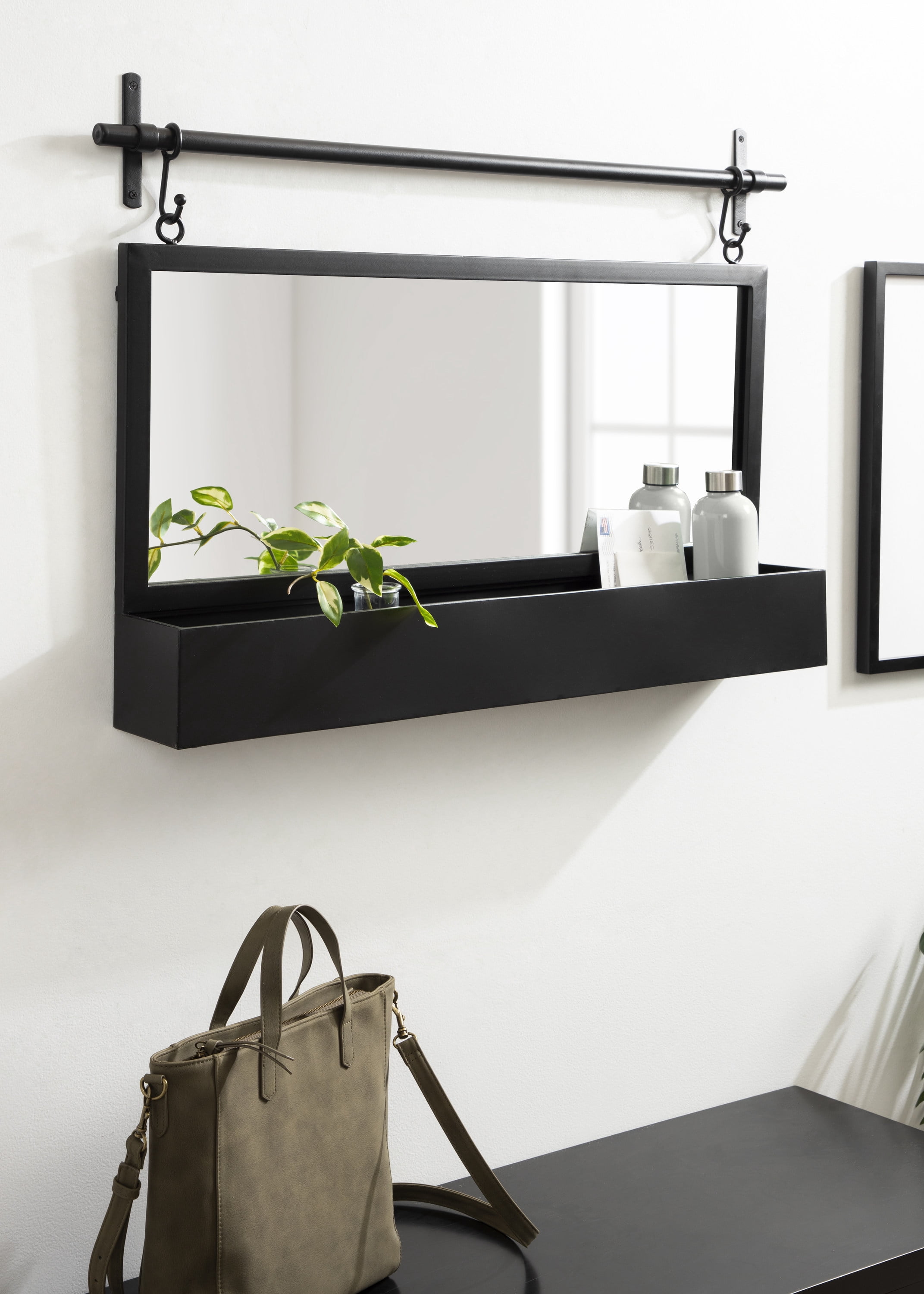 Kate and Laurel Gammons Pub Wall Mirror with Shelf, 36 x 26, Black, Decorative Hanging Wall Mirror Home Decor with Additional Storage for Jewelry and Household Necessities