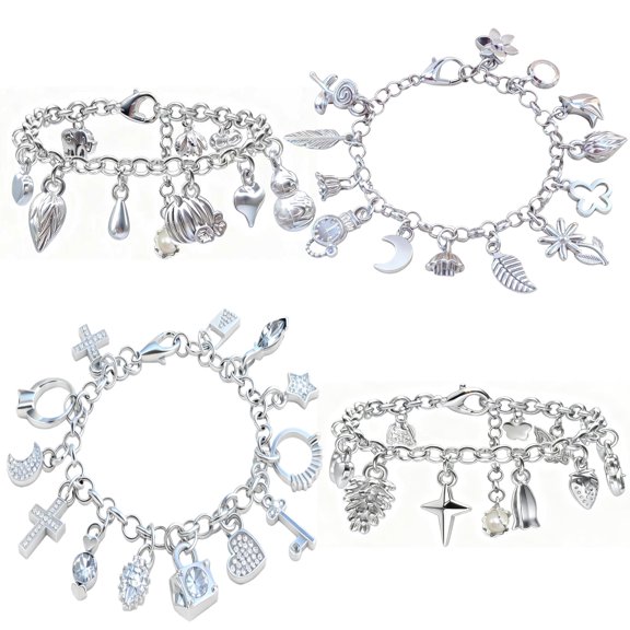 PFOYH 4PCS Sterling Silver Plated Bracelets S925 Silver Charm Bracelet for Women with 13 different pendant accessories