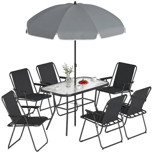 Outsunny 8 Piece Patio Table and Chairs Set with Umbrella for Garden, Black