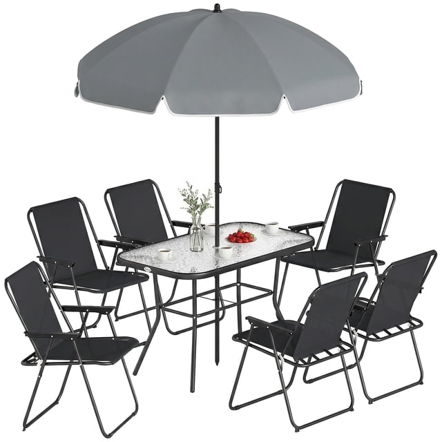 Outsunny Ensemble de 8 Pcs Table et Chaises de Patio avec Parasol pour Jardin, Noir