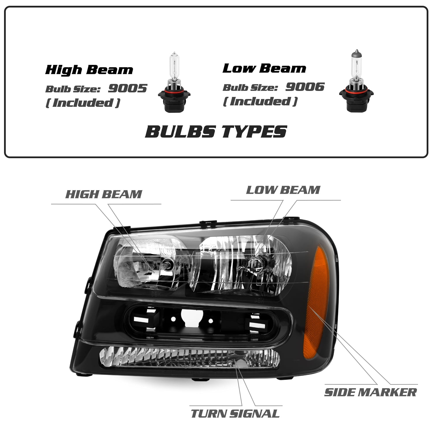 For 02-09 Chevy Trailblazer LS Black Housing Corner Headlights HeadLamps Pair