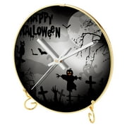 OWNTA Black Halloween Night Ghost Cat Scarecrow Bat Tomb Pattern Round Printed Wall Clocks with Hooks and Gold Stand: Silent, Non-Ticking Timepieces for Stylish and Peaceful Settings