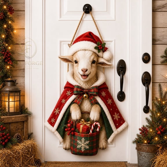 Door Sign, Christmas Goat Front Entry Welcome Hanging for Holiday Hosts