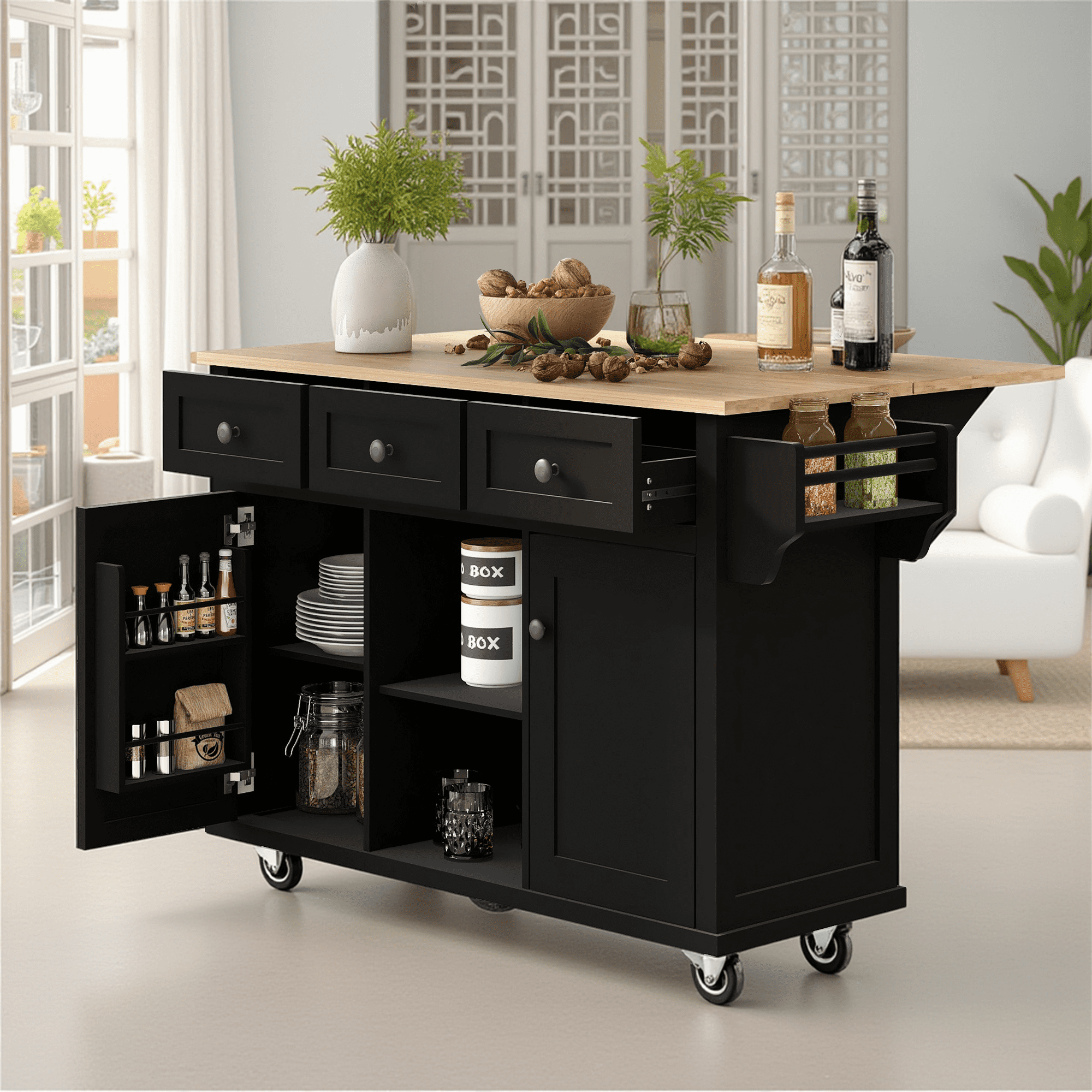 MAYEERTY Kitchen Island on 5 Wheels - Storage Cabinet & 3 Drawers for Dining Room, White