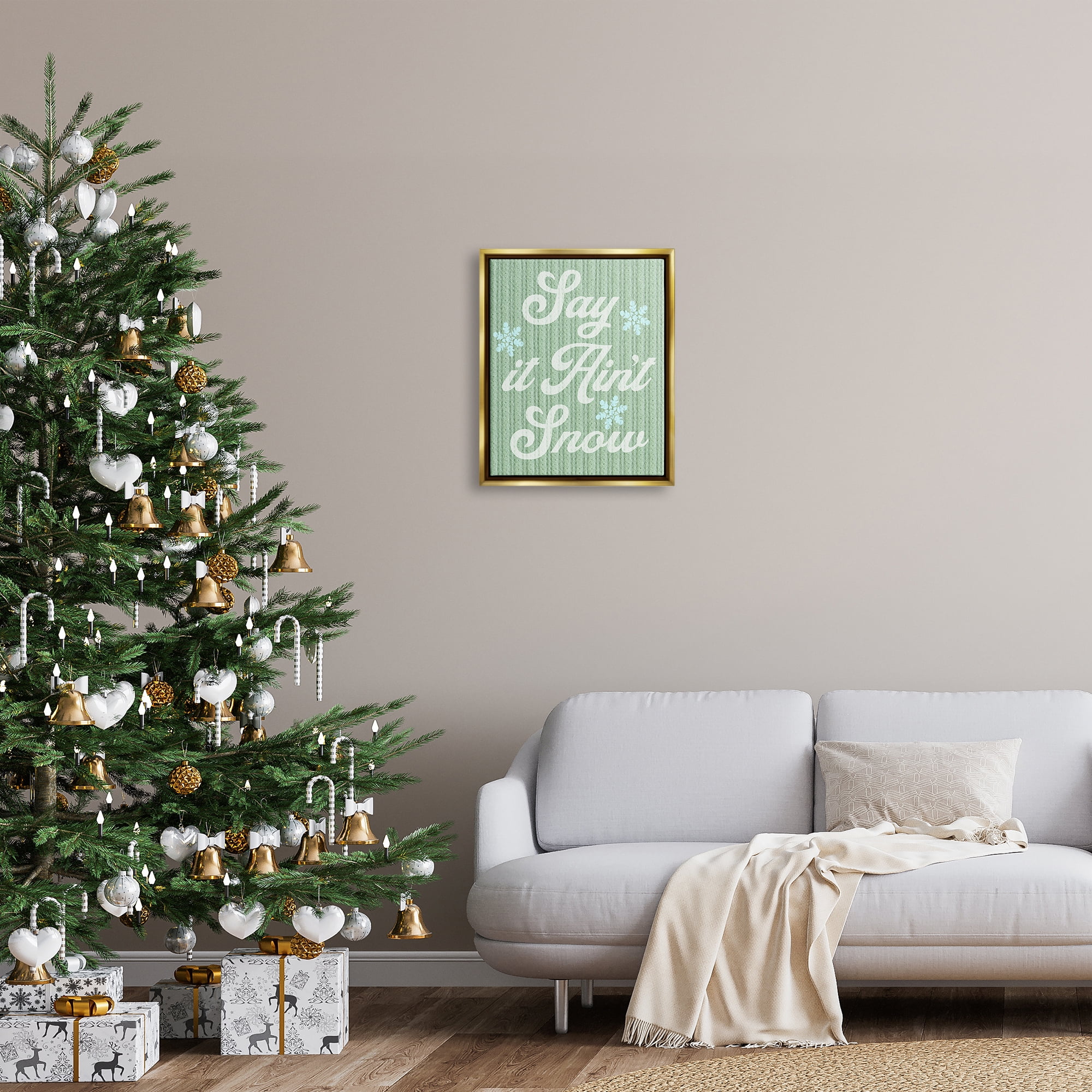 Stupell Industries Green Say It Ain't Snow Holiday Painting Gold Floater Framed Canvas Art Print Wall Art, 17 x 21