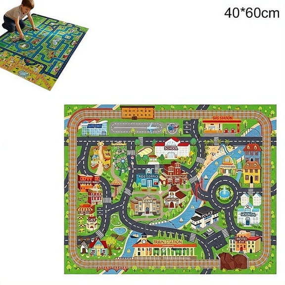 Non Slip Kids Car Rug Playmat with City Road Map Design, Soft Polyester Carpet for Toy Cars, Educational Washable Play Mat for Bedroom Playroom