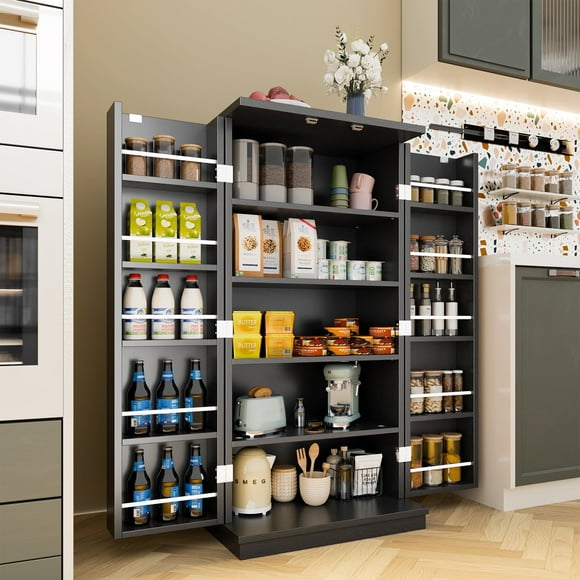 Walsunny Pantry Food Storage Cabinet 47" Free Standing Craft Cupboard with Doors Adjustable Shelves for Kitchen Entryway Dining Room Bathroom Black