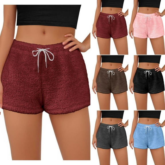 Simua Women's Casual Fuzzy Pajama Shorts Solid Color Fleece Lounge Drawstring Home Shorts