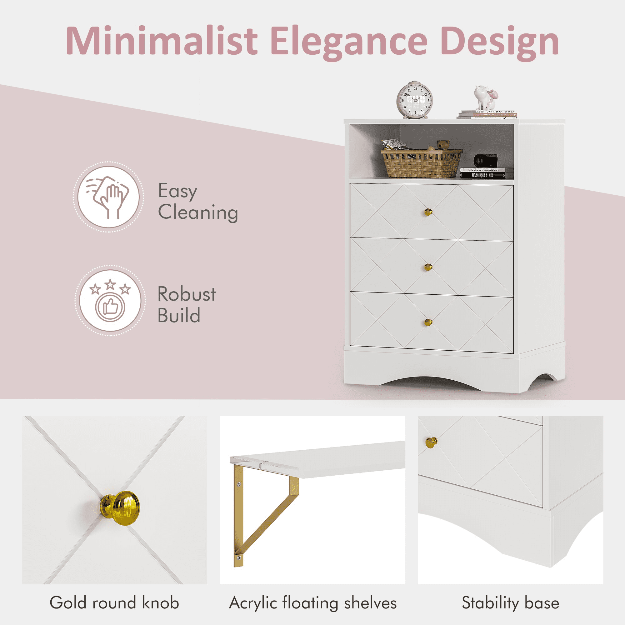 Mintazer Dresser with 3 Drawers & 2 Floating Shelves, Storage Bedside Night Stand with Open Shelf for Living Room, Bedroom & Closet, White