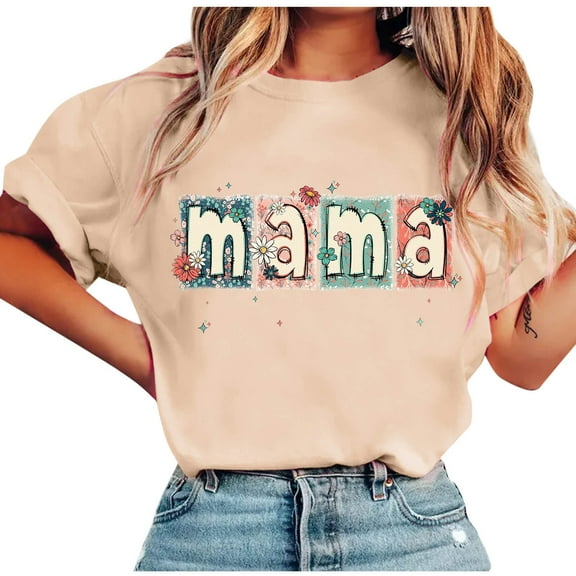 QQAMB Mama T-Shirts for Women Dressy Crewneck Short Sleeve Summer Trendy Comfy T-Shirts Mother's Day Gift Beige 2XL