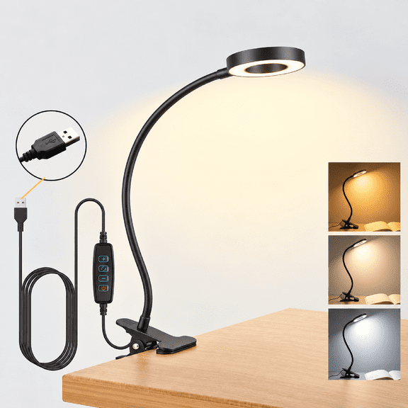 VOLIVO LED Desk Lamp with Clamp, 3 Light Modes & 10 Brightness Levels, 360° Ajustable USB Gooseneck Bed Lamp, for Home, Office, Study, Makeup (Black)