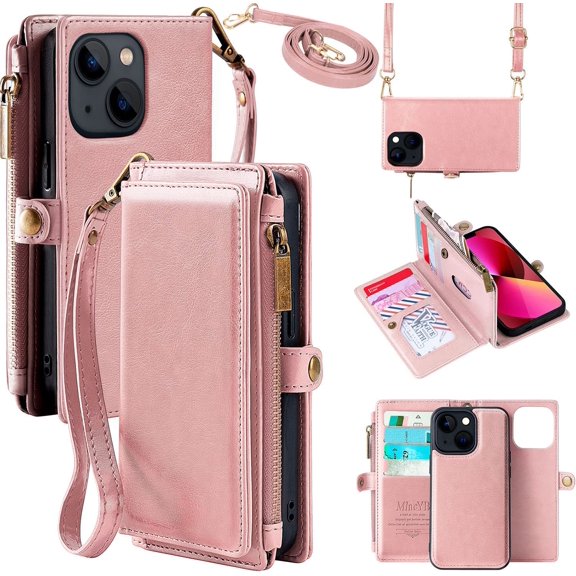 ANTHOUSE Compatible with iPhone 14 Pro Max Wallet Case, Zipper Case with RFID Blocking Card Holder Slots for Women Men, Magnetic Detachable Leather Cover with Wristlet Strap for iPhone 14 Pro Max