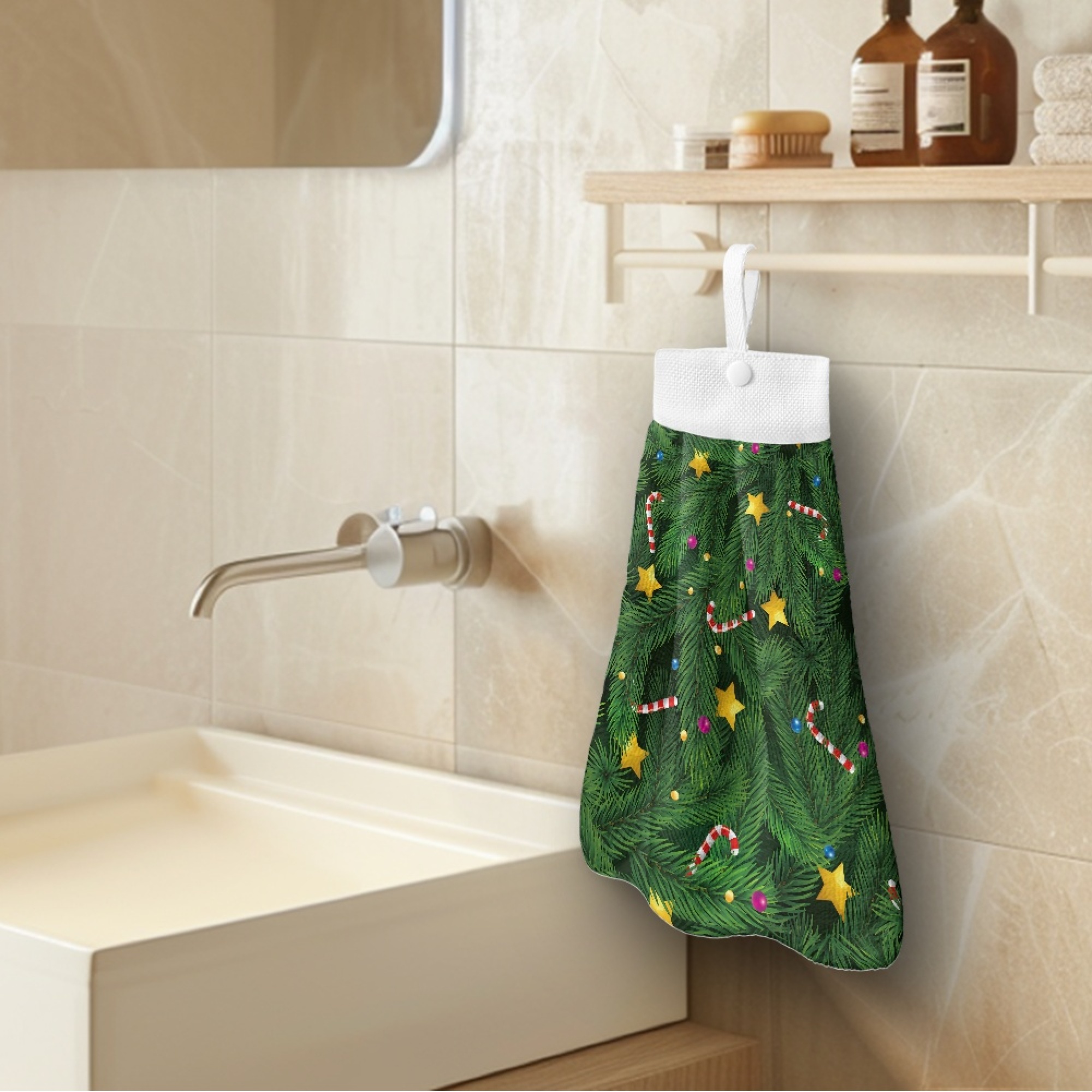 SEANATIVE Christmas Hand Towels for Bathroom Set of 2 Candy Canes Hand Towels for Kitchen Home Decoration Green Fast Drying Hang Towel with Hanging Loops Buttons Farmhouse Xmas Decor