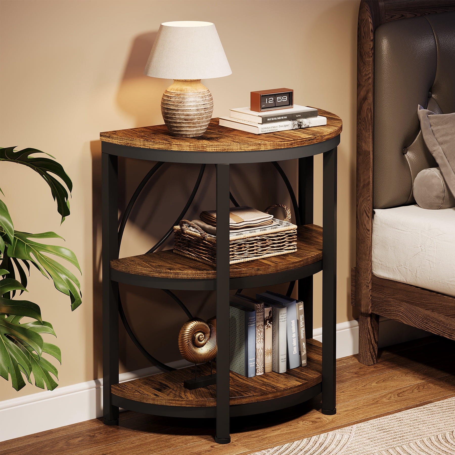 Fnova Farmhouse Half-Moon End Table, 3-Tier Storage Wood Side Table with Metal Frame, Modern Bedside Table, Narrow Sofa Table for Living Room Bedroom, Easy Assembly, Vintage Brown