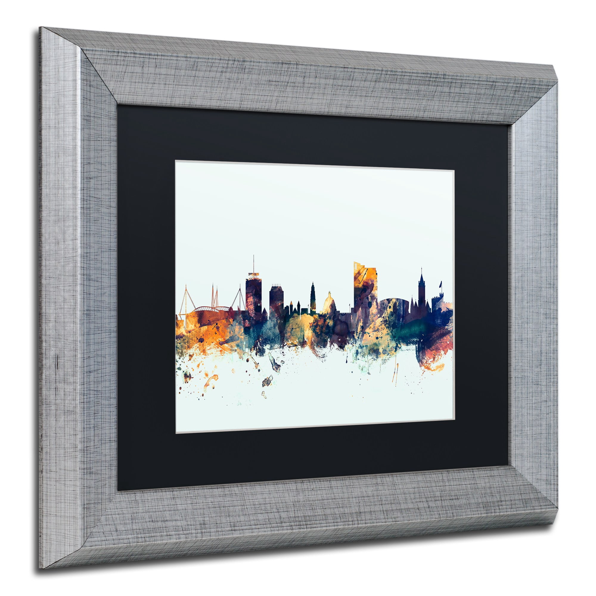 Trademark Fine Art 'Cardiff Wales Skyline Blue' Canvas Art by Michael Tompsett Black Matte, Silver Frame