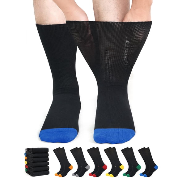 UNEEI Diabetic Socks for Men & Women, 6 Pairs Non-Binding Crew Socks with Extra Wide Loose Fit for Swollen Feet and Calves, Color-Block Design, Size 11-13